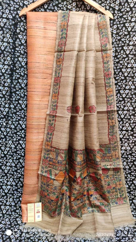 Madhubani Hand Block Printed Dupatta Tussar Ghicha Suit Material Style 9