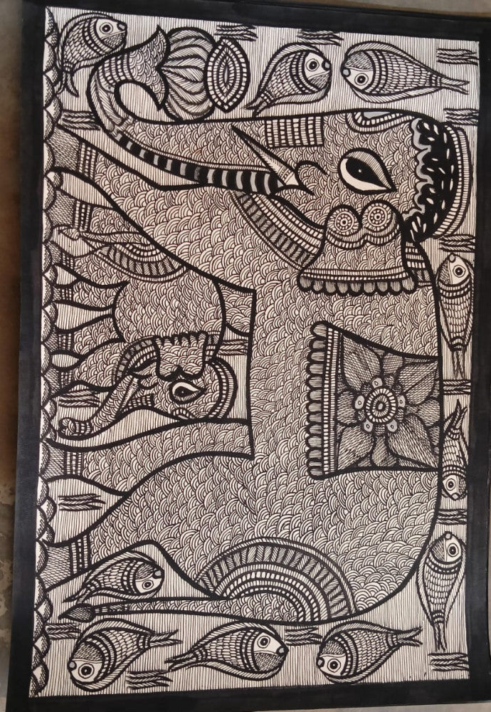 Madhubani Painting A Elephant on Natural Paints on Khadi Paper