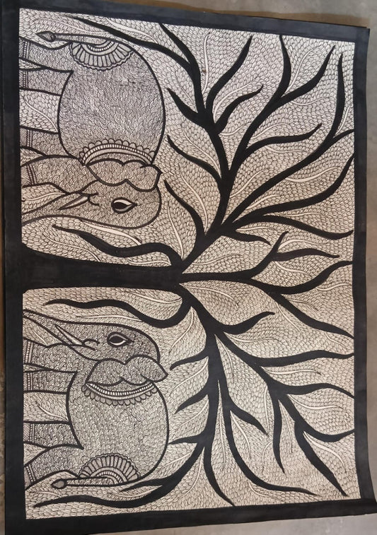 Madhubani Painting A Two Elephant on Natural Paints on Khadi Paper