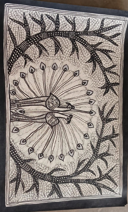 Madhubani Painting A Two Peacock on Natural Paints on Khadi Paper