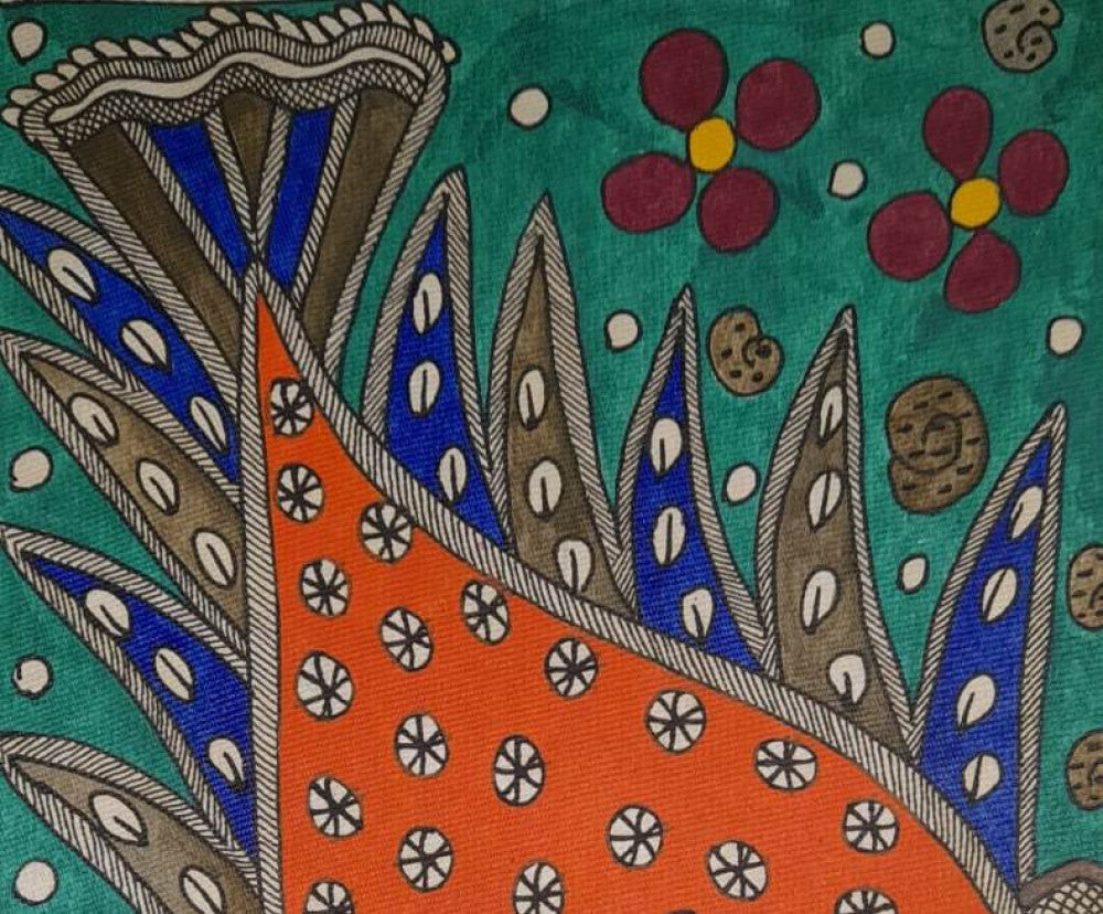 Madhubani Painting of a Large Bird with Traditional Motifs on Khadi Paper