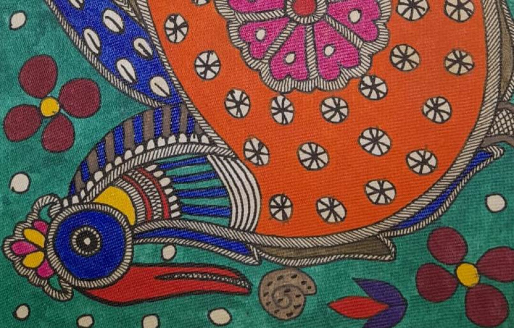 Madhubani Painting of a Large Bird with Traditional Motifs on Khadi Paper