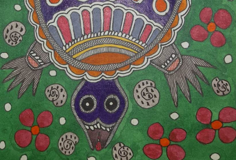 Madhubani Painting of a Large Turtle with Motifs on Khadi Paper
