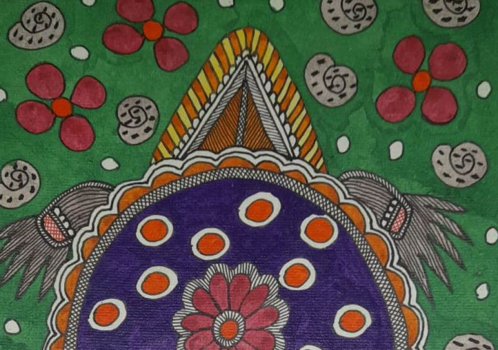 Madhubani Painting of a Large Turtle with Motifs on Khadi Paper