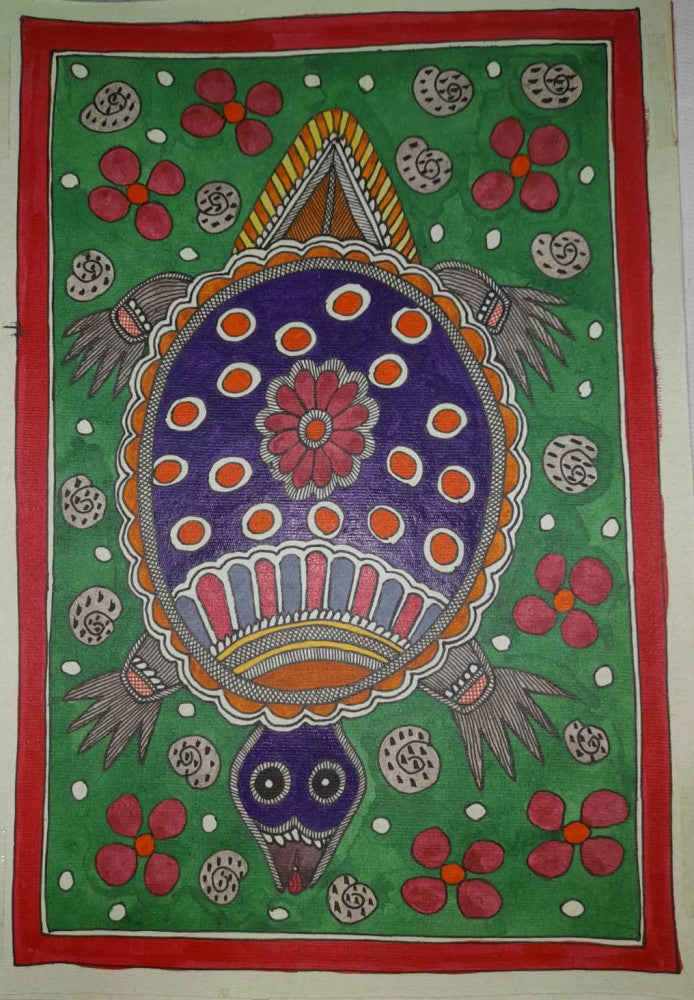 Madhubani Painting of a Large Turtle with Motifs on Khadi Paper