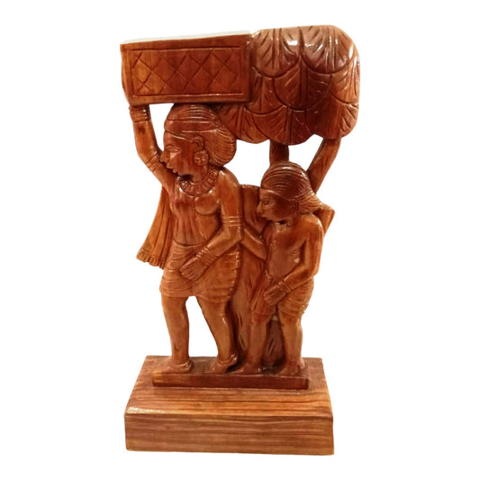 Madini Standing along with her kid Wooden Craft