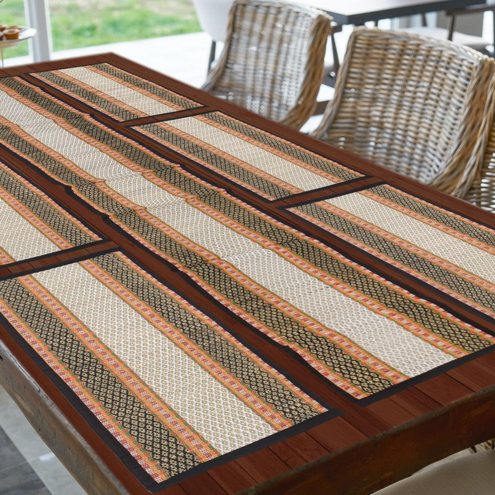 Madur Kanthi Brown and White Runner With 6 Table Mate