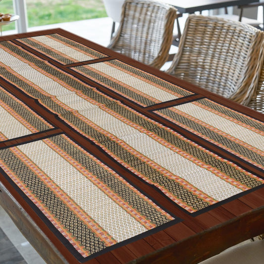 Madur Kanthi Brown and White Runner With 6 Table Mate