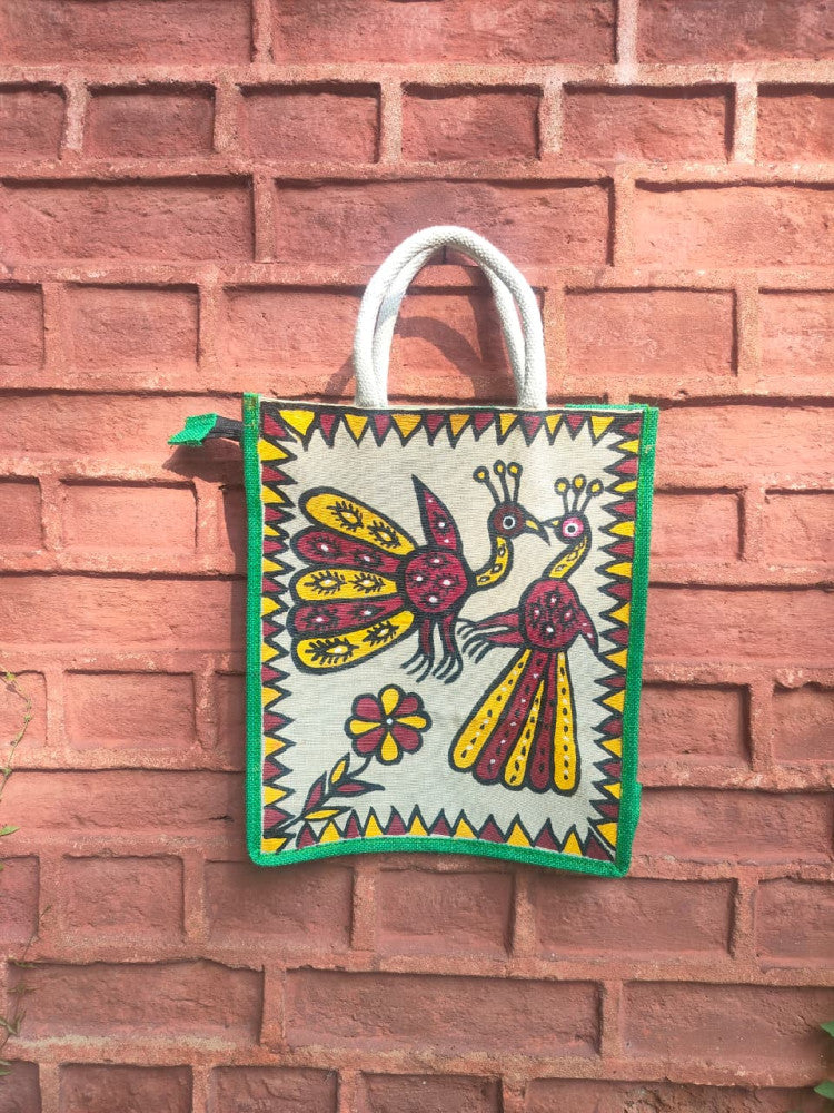 Maroon & Off White Khovar Jute Bag