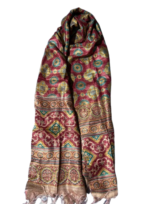 Maroon printed Tussar Dupatta