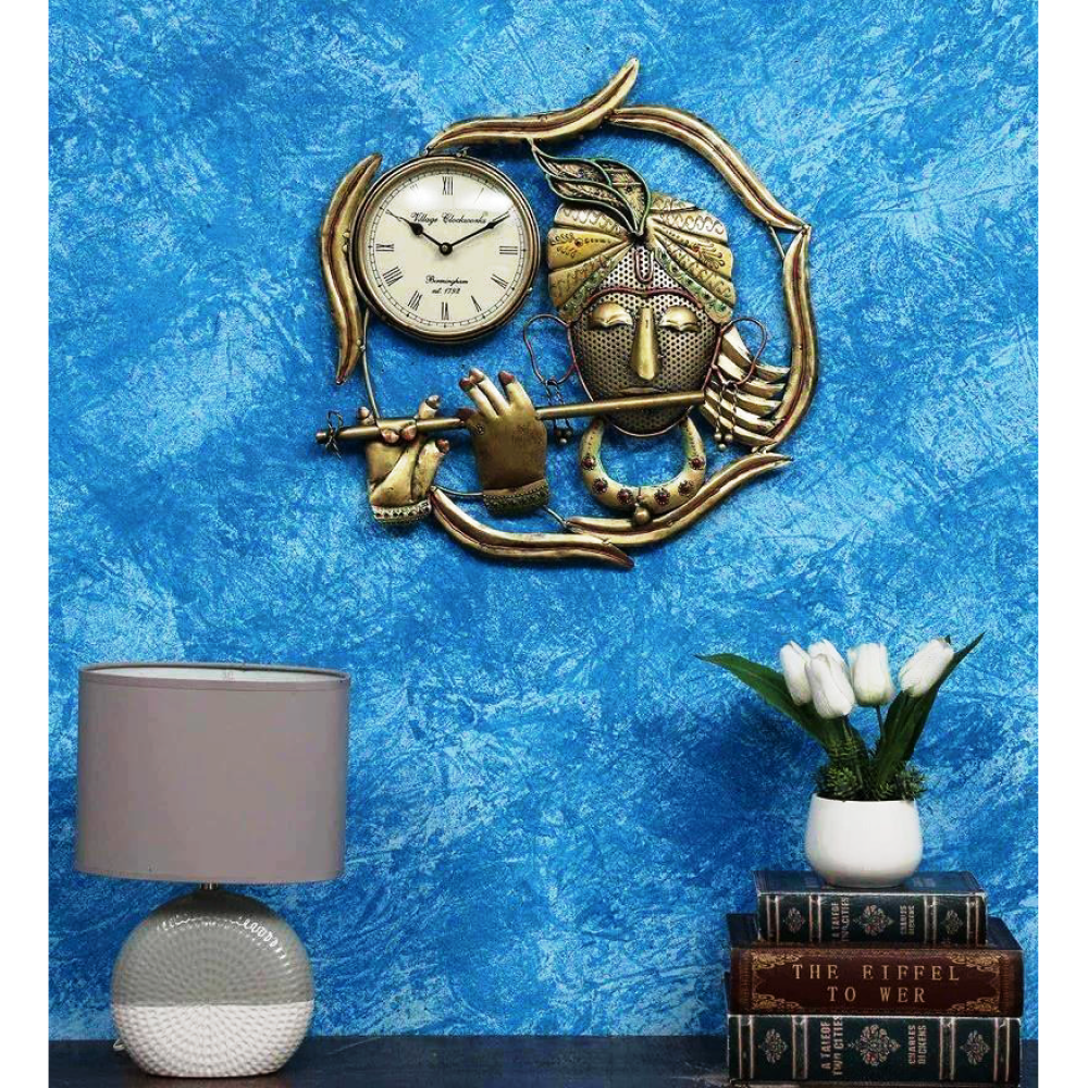 Metal Painted Krishna Wall Clock Décor