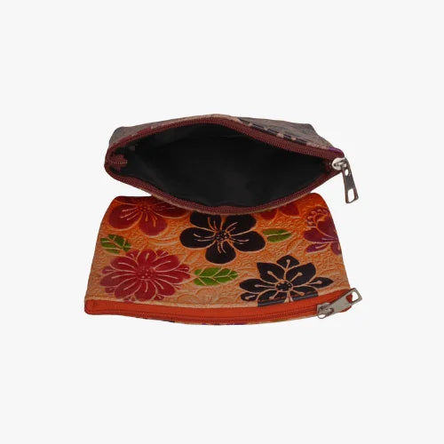 Mini Pouch with Flower Print Orange & Maroon