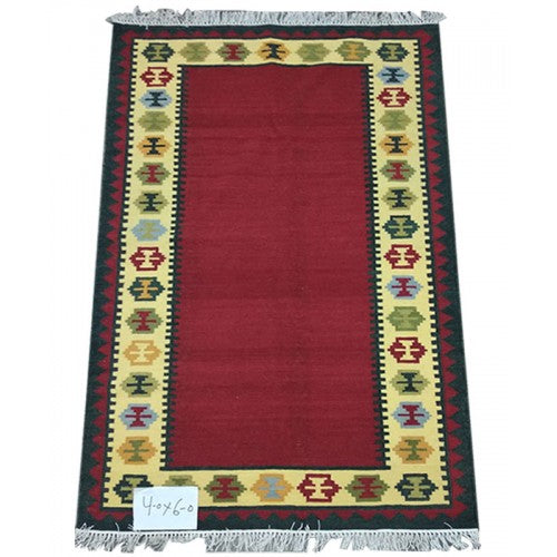 Red Colour With Yellow Colour Border Handmade Pure Wool Cotton Mirzapur Dari (4 x 6 Ft).