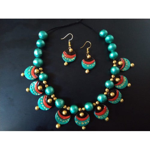 Handmade Molela Terracotta Clay Beautiful Jewellery Set in Sea Green colour