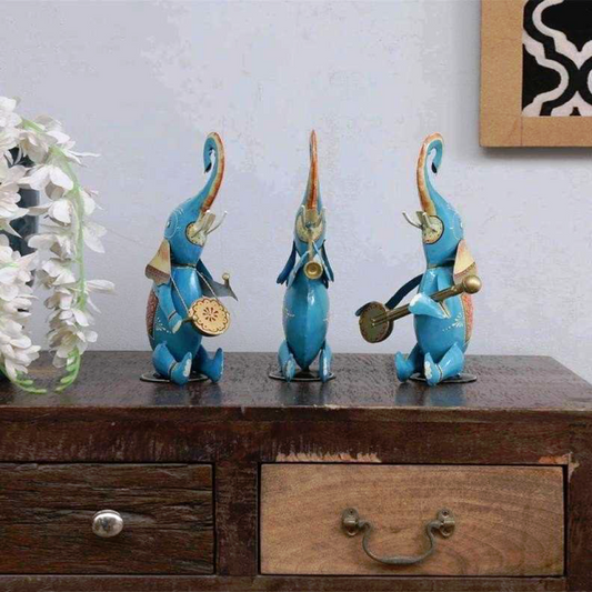 Multicolour Elephant Musician Figurine Set Of 3
