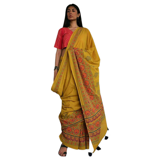Mustard Colour Bagru Print Saree