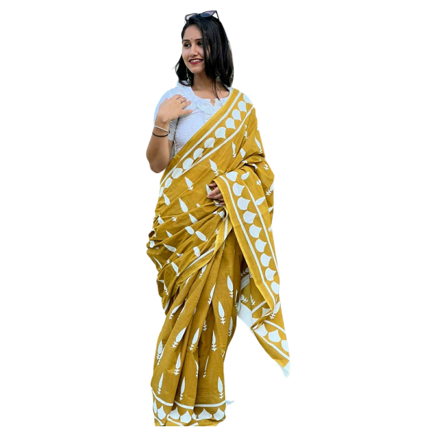 Mustard Yellow & White Colour Bagru Print Saree