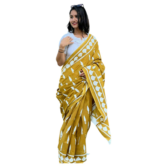 Mustard Yellow & White Colour Bagru Print Saree