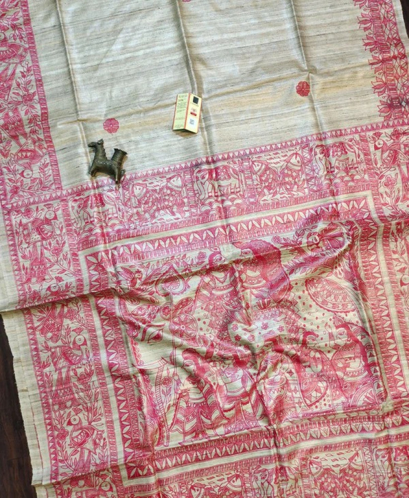 Natural and Pink Madhubani Hand Painted Tussar Ghicha Saree