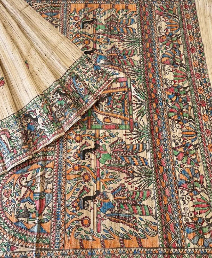 Natural Madhubani Hand Painted Doli-Kahar Pallu Tussar Ghicha Saree