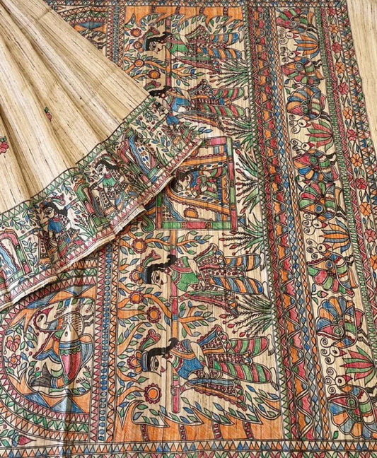 Natural Madhubani Hand Painted Doli-Kahar Pallu Tussar Ghicha Saree