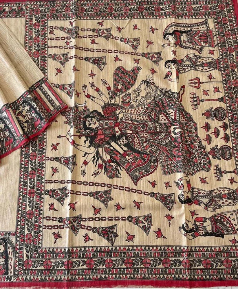 Natural Madhubani Hand Painted Maa Durga Pallu Tussar Ghicha Saree
