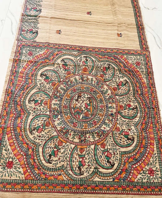 Natural Madhubani Hand Painted Radha-Krishna Pallu Tussar Ghicha Saree