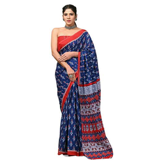 Navy Blue Colour with Orange Border Bagru Print Saree