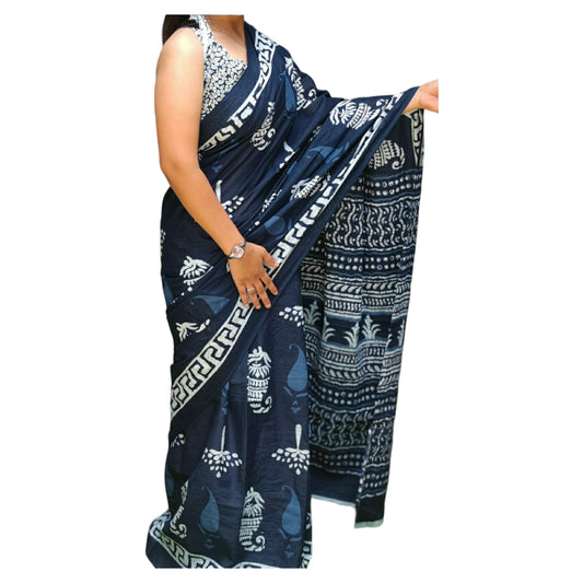 Navy Blue Colour with White Bagru Print Saree