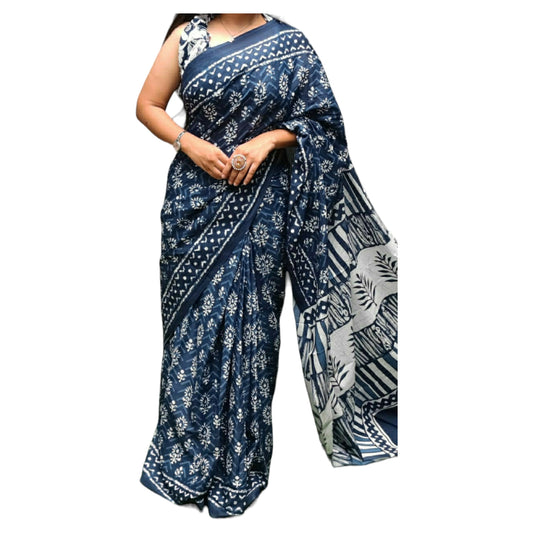 Navy Blue Colour with White Flower Print Bagru Print Saree