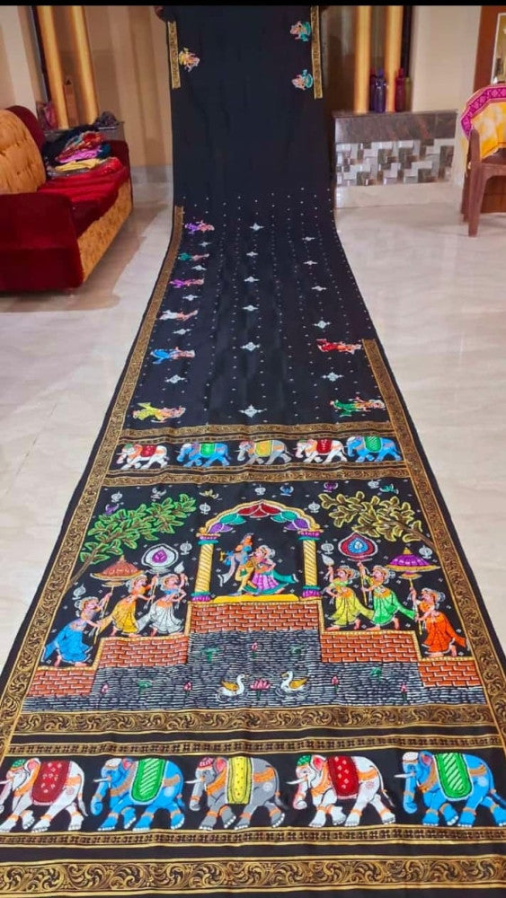 Odisha Pattachitra Black and Golden Border Saree