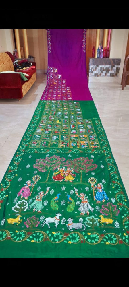 Odisha Pattachitra Green And Pink Saree