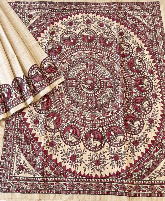 Off-white Madhubani Hand Painted Fish Pallu Tussar Ghicha Saree