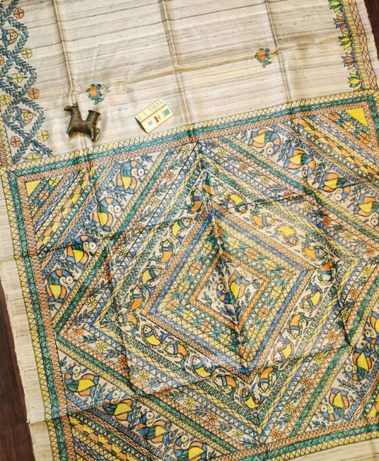 Off White Madhubani Hand Painted Tussar Ghicha Saree