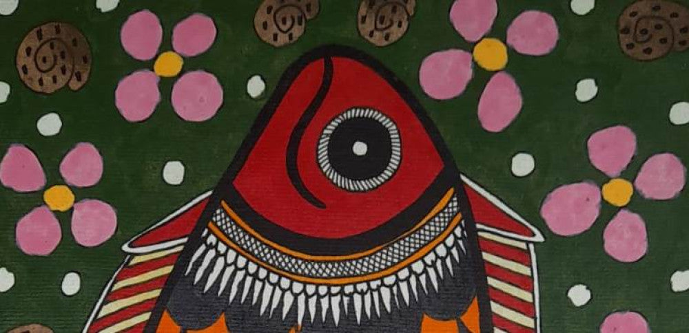 Orange and Black of an Traditional Madhubani Painting Fish on Khadi Paper