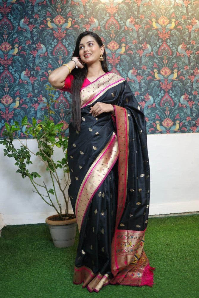 Paithani Saree Black Colour with Golden Pallu