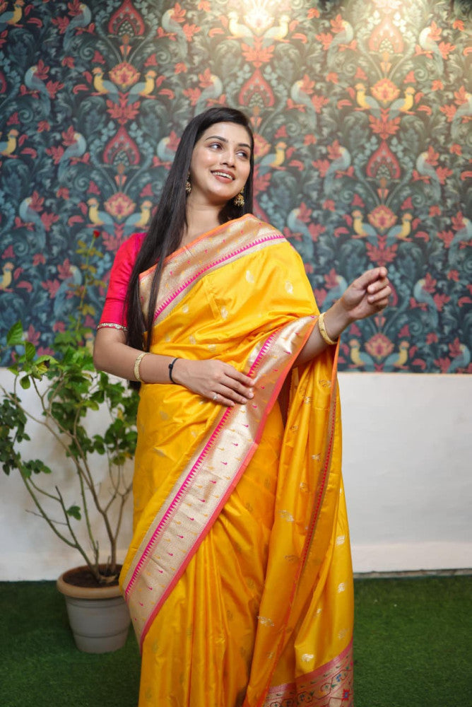 Paithani Saree Dark Yellow Colour with Golden Pallu