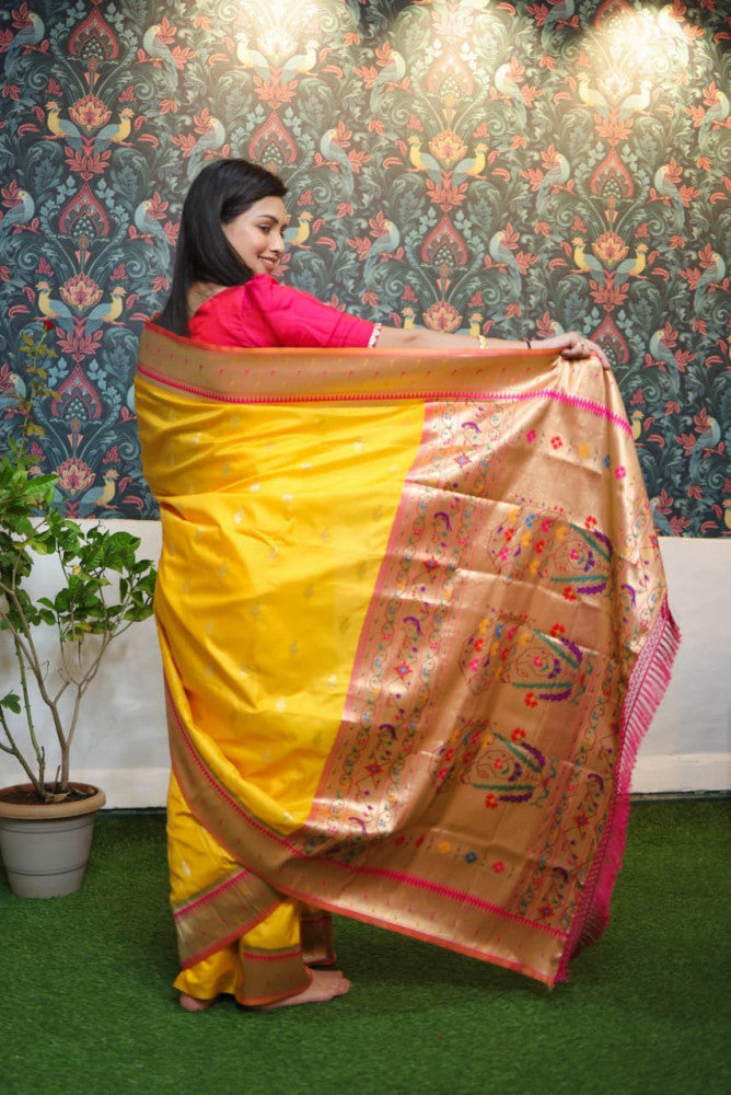 Paithani Saree Dark Yellow Colour with Golden Pallu