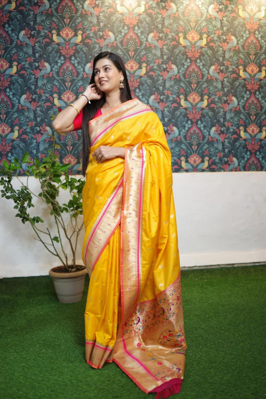 Paithani Saree Dark Yellow Colour with Golden Pallu