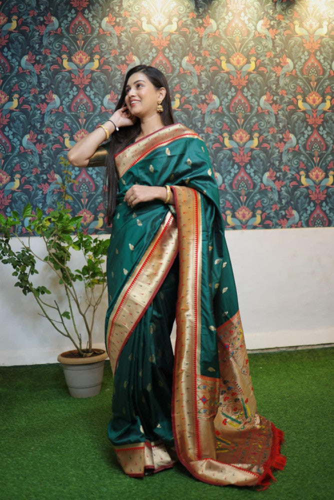 Paithani Saree Green Colour with Golden Pallu