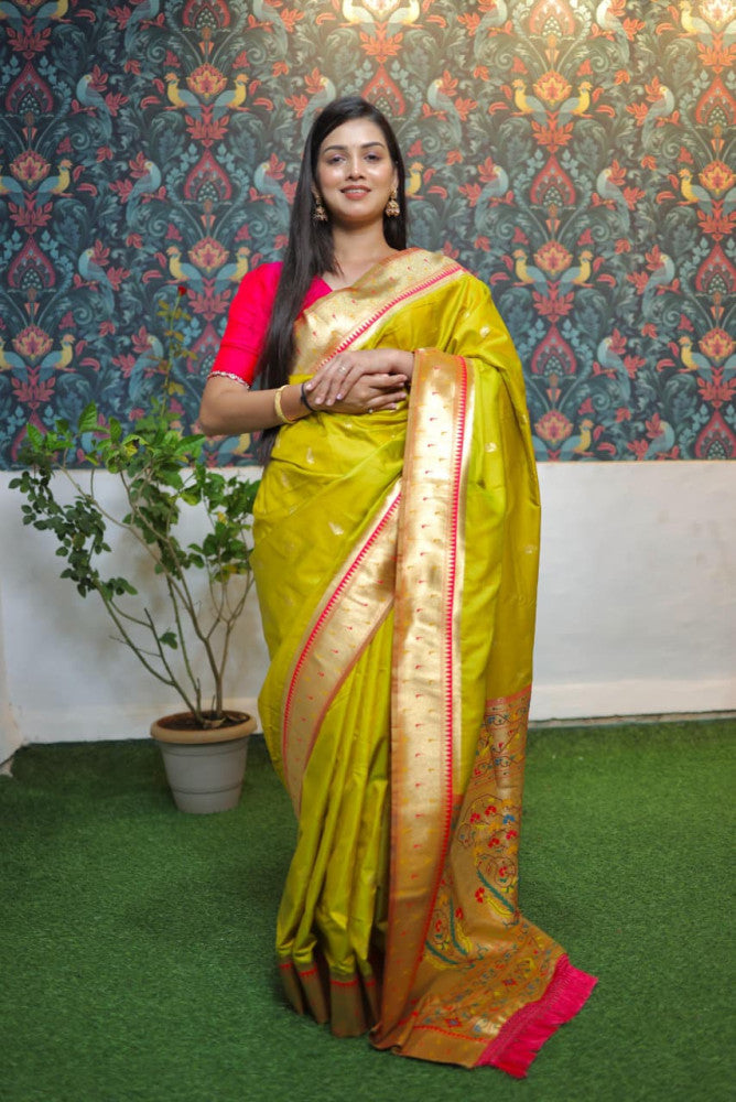 Paithani Saree Light Green Colour with Golden Pallu
