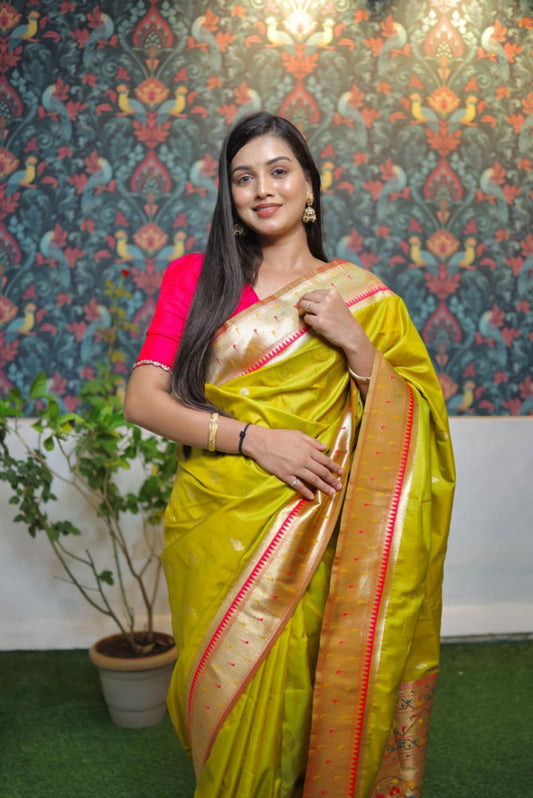 Paithani Saree Light Green Colour with Golden Pallu