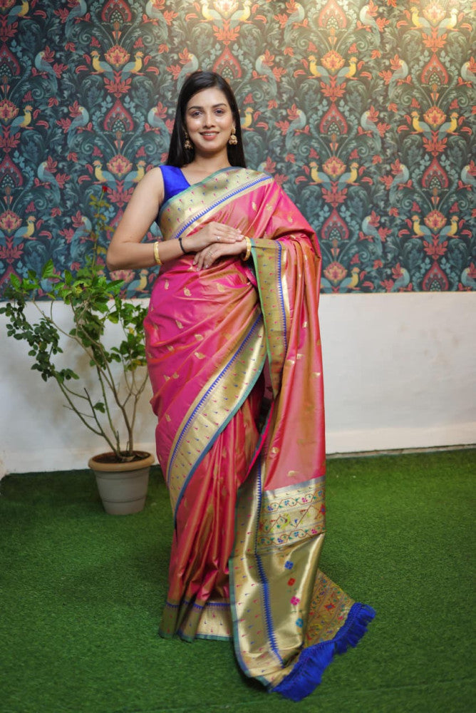 Paithani Saree Peach Colour with Golden Pallu