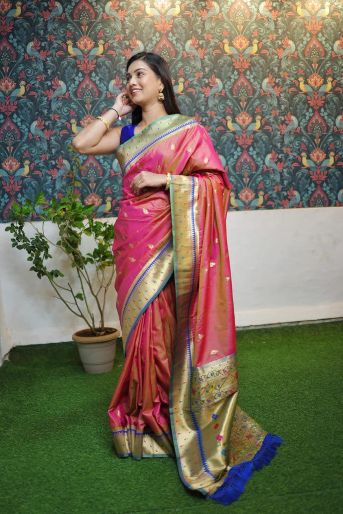Paithani Saree Peach Colour with Golden Pallu