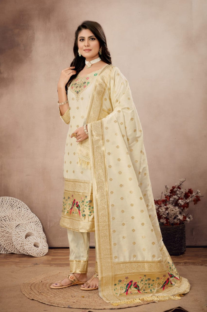 Paithani Sico Silk Unstitched Cream Suit
