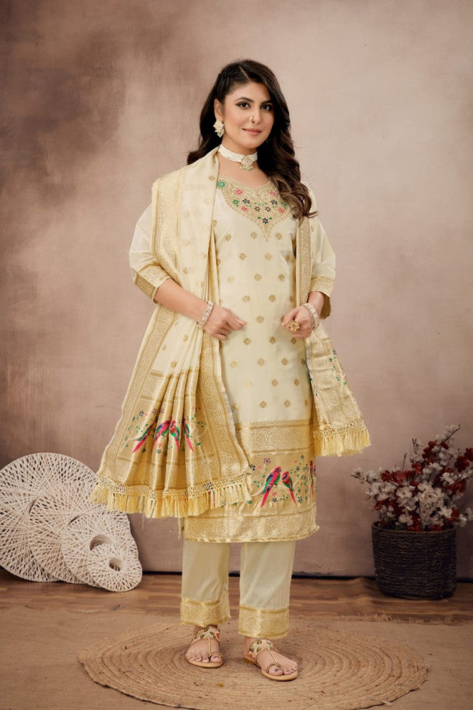 Paithani Sico Silk Unstitched Cream Suit