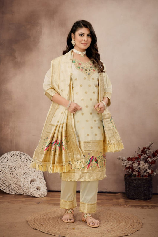 Paithani Sico Silk Unstitched Cream Suit