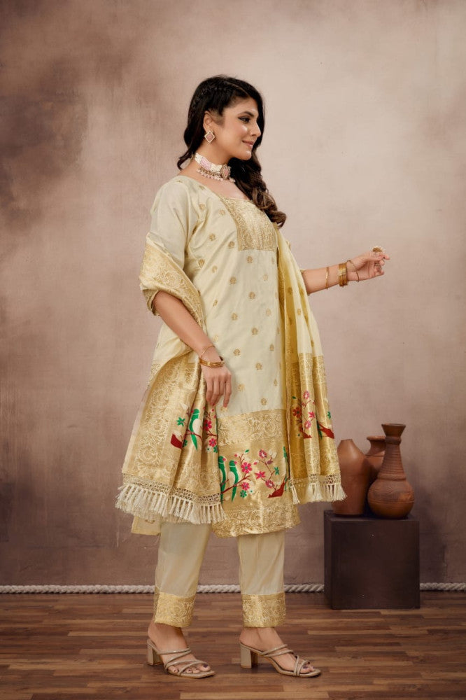 Paithani Sico Silk Unstitched Cream Suit Style 1