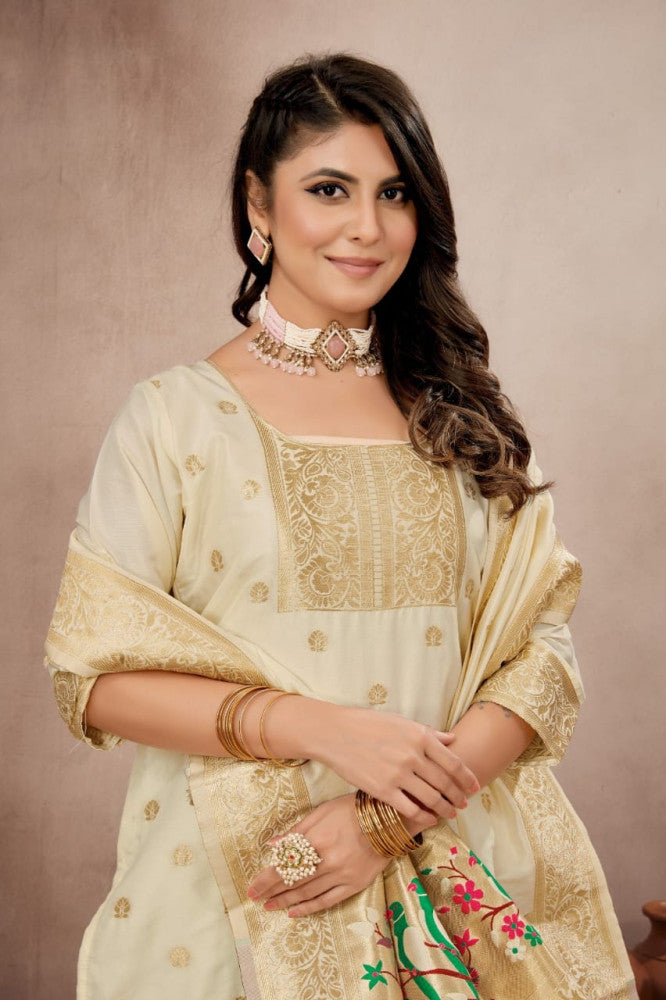 Paithani Sico Silk Unstitched Cream Suit Style 1