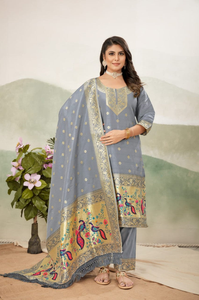 Paithani Sico Silk Unstitched Grey Suit